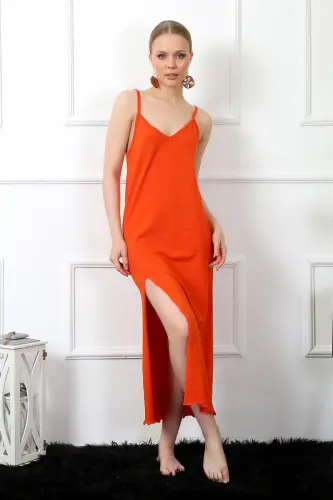 Akbeniz Women's Spaghetti Strap Orange Long Nightgown 901 - 1