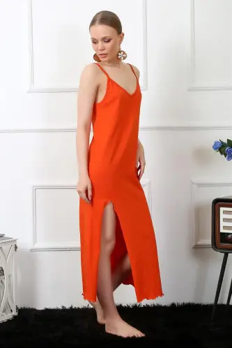 Akbeniz Women's Spaghetti Strap Orange Long Nightgown 901 - 2