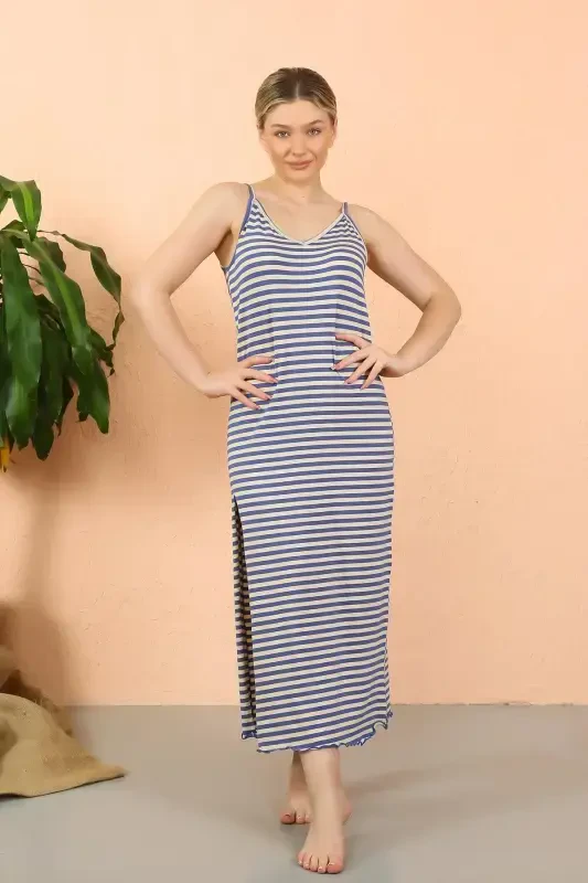 Akbeniz Women's Spaghetti Strap Slit Long Blue Nightgown 90122 - 3