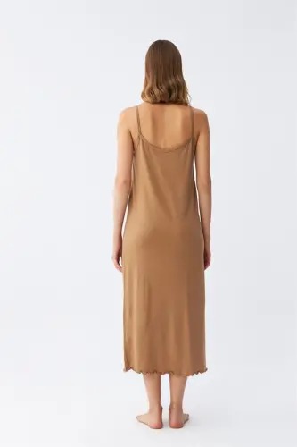 Akbeniz Women's Spaghetti Strap Slit Long Milk Coffee Nightgown 90119 - 6