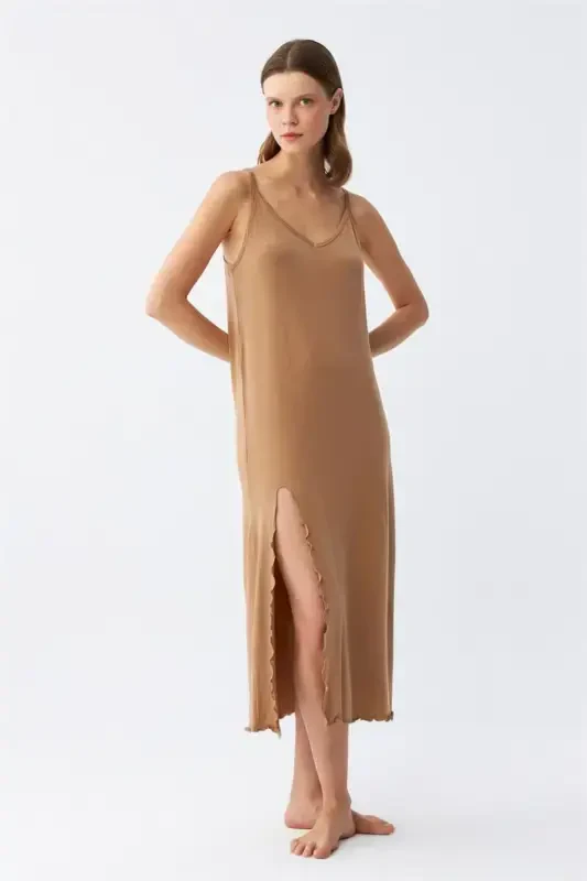 Akbeniz Women's Spaghetti Strap Slit Long Milk Coffee Nightgown 90119 - 4