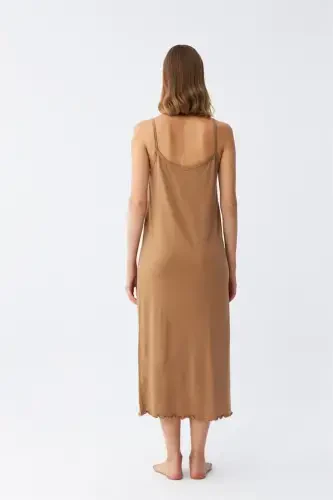 Akbeniz Women's Spaghetti Strap Slit Long Milk Coffee Nightgown 90119 - 6