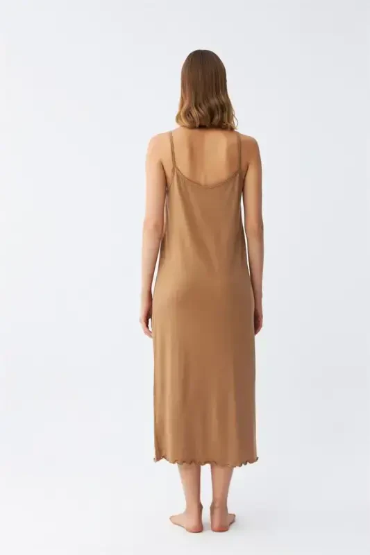 Akbeniz Women's Spaghetti Strap Slit Long Milk Coffee Nightgown 90119 - 6