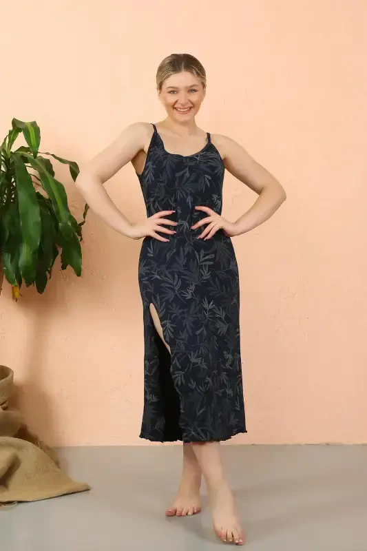 Akbeniz Women's Spaghetti Strap Slit Long Navy Blue Nightgown 90121 - 4
