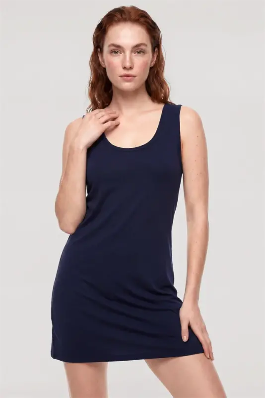 Akbeniz Women's Striped Pattern Basic Nightgown - Navy Blue - 2