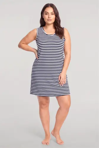 Akbeniz Women's Striped Pattern Basic Plus Size Nightgown - Navy Blue - 1
