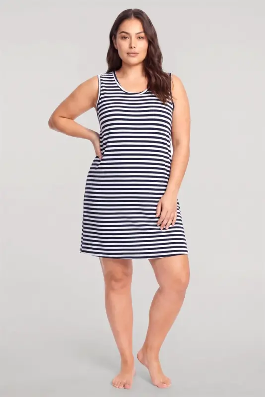 Akbeniz Women's Striped Pattern Basic Plus Size Nightgown - Navy Blue - 1