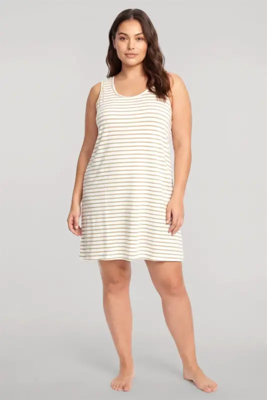 Akbeniz Women's Striped Pattern Basic Plus Size Nightgown - Yellow - 1