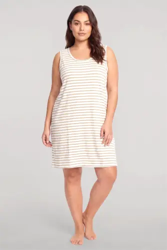 Akbeniz Women's Striped Pattern Basic Plus Size Nightgown - Yellow - 3