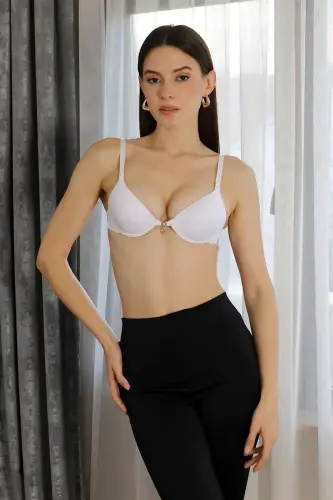 Akbeniz Women's Supported Underwire Stone Detailed Bra 3408 White - 4