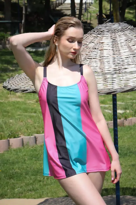 Akbeniz Women's Tankini Swimsuit Dress with Shorts Pink 36001 - 1