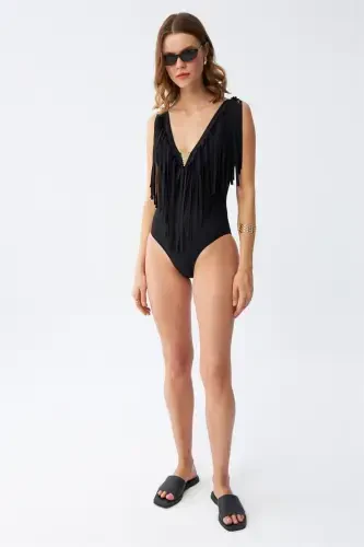 Akbeniz Women's Tassel Swimsuit Black 34024 - 4