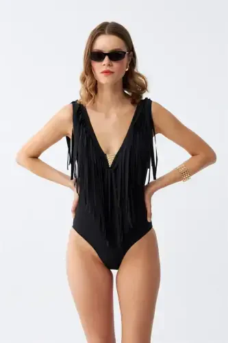 Akbeniz Women's Tassel Swimsuit Black 34024 - 5