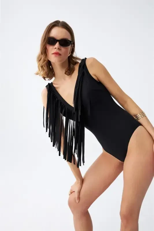 Akbeniz Women's Tassel Swimsuit Black 34024 - 8