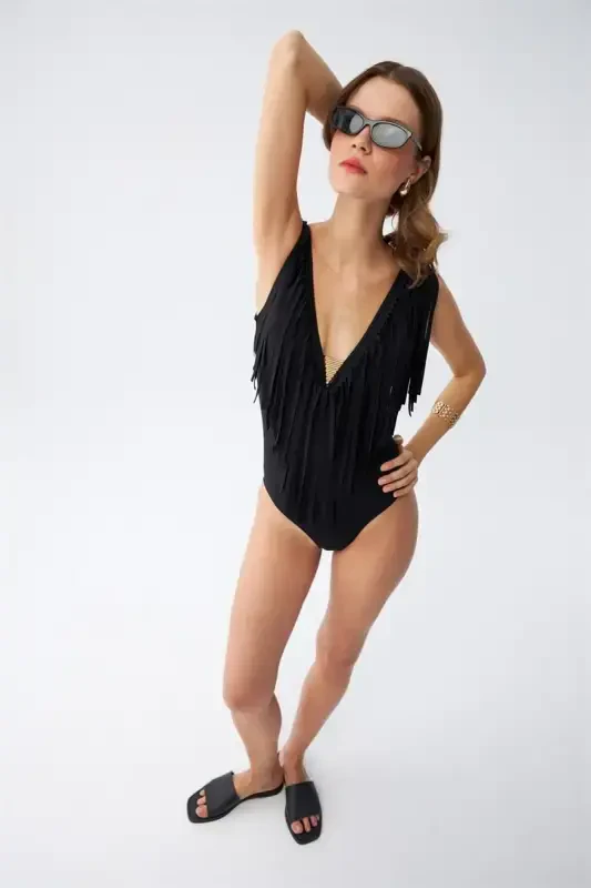 Akbeniz Women's Tassel Swimsuit Black 34024 - 9