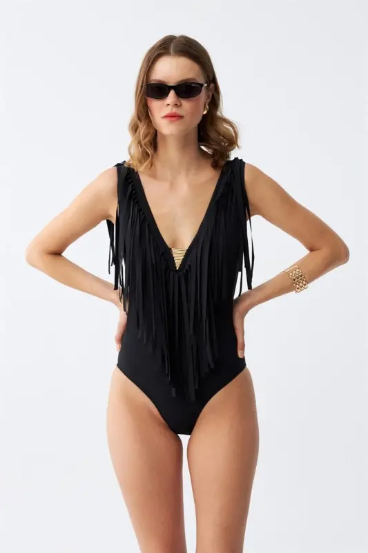 Akbeniz Women's Tassel Swimsuit Black 34024 - 5
