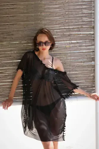 Akbeniz Women's Tassel Tunic Pareo Beach Dress Black 38046 - 7
