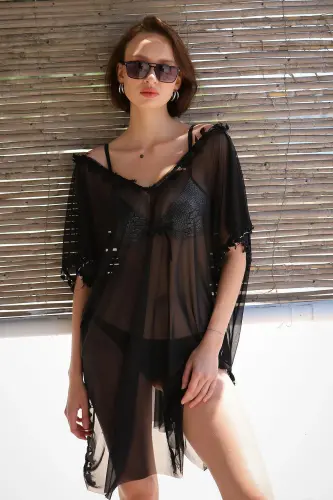 Akbeniz Women's Tassel Tunic Pareo Beach Dress Black 38046 - AKBENIZ (1)