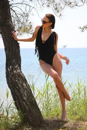 Akbeniz Women's Tasseled Swimsuit Black 34023 - 5