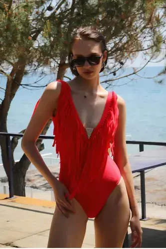 Akbeniz Women's Tasseled Swimsuit Red 34023 - 9