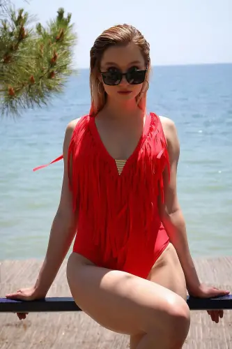 Akbeniz Women's Tasseled Swimsuit Red 34023 - 7