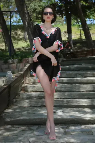 Akbeniz Women's Tasseled Tunic Pareo Beach Dress Black 38048 - 2