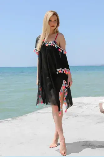 Akbeniz Women's Tasseled Tunic Pareo Beach Dress Black 38048 - 4