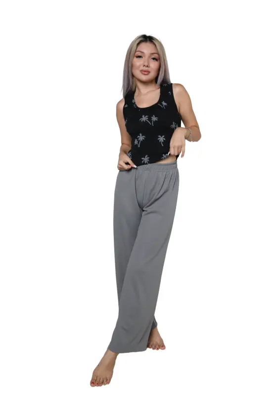 Akbeniz Women's Thick Strap Bodysuit Wide Leg Pants 2 Piece Set Black 4217 - 1