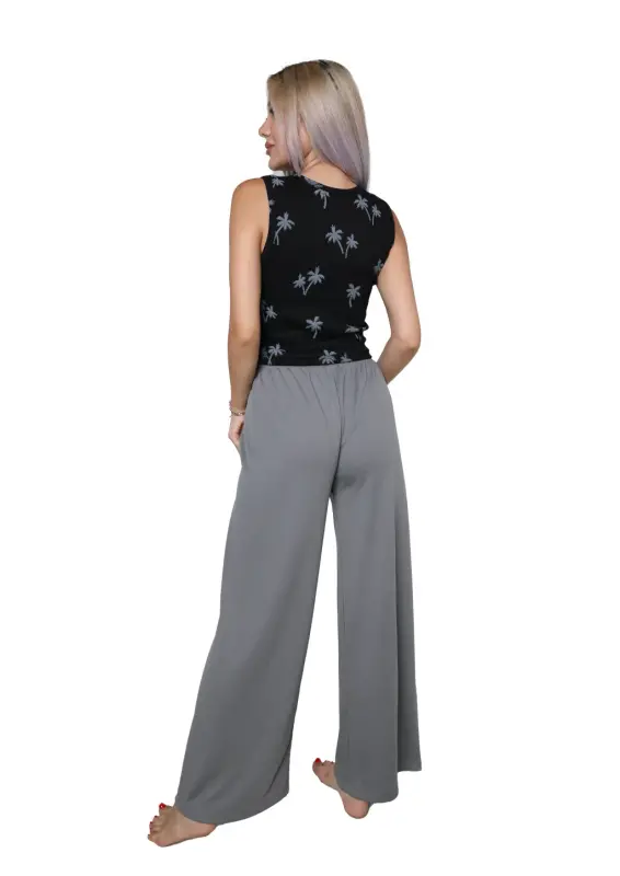 Akbeniz Women's Thick Strap Bodysuit Wide Leg Pants 2 Piece Set Black 4217 - 3