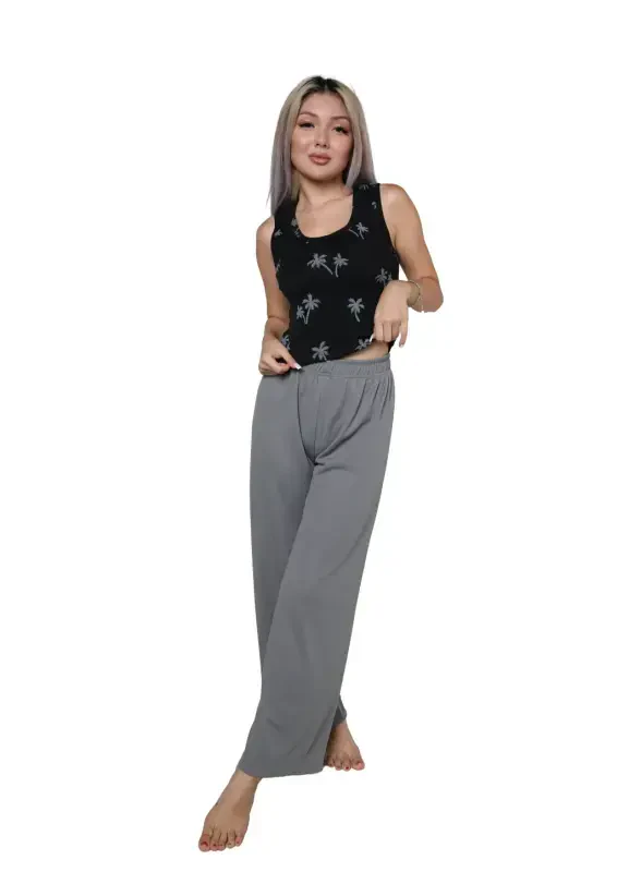 Akbeniz Women's Thick Strap Bodysuit Wide Leg Pants 2 Piece Set Black 4217 - 1