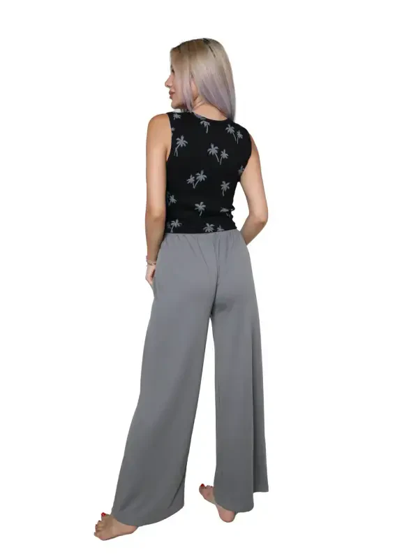 Akbeniz Women's Thick Strap Bodysuit Wide Leg Pants 2 Piece Set Black 4217 - 3