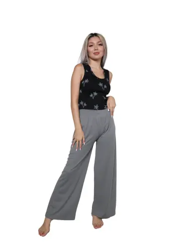 Akbeniz Women's Thick Strap Bodysuit Wide Leg Pants 2 Piece Set Black 4217 - AKBENIZ (1)