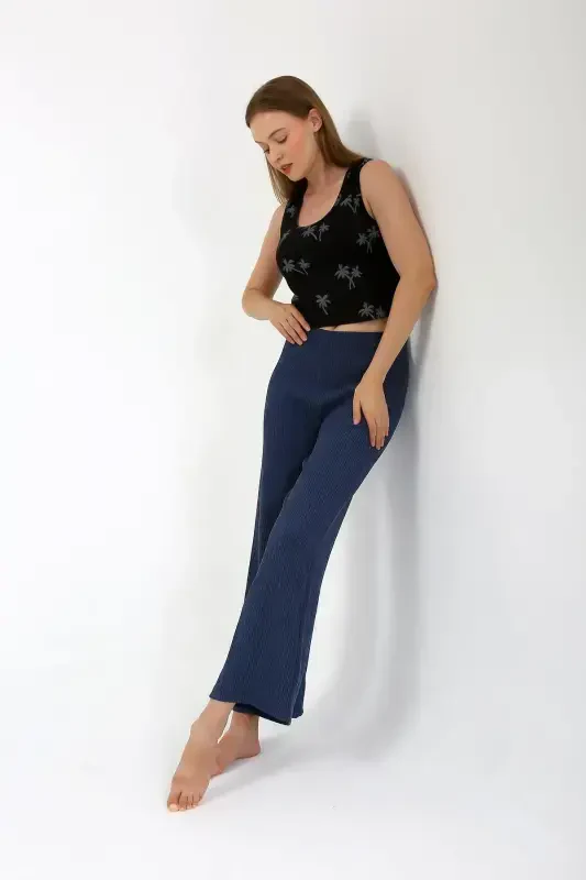 Akbeniz Women's Thick Strap Bodysuit Wide Leg Pants 2-Piece Set Black 4221 - 3