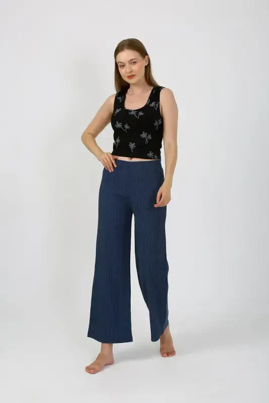 Akbeniz Women's Thick Strap Bodysuit Wide Leg Pants 2-Piece Set Black 4221 - 1