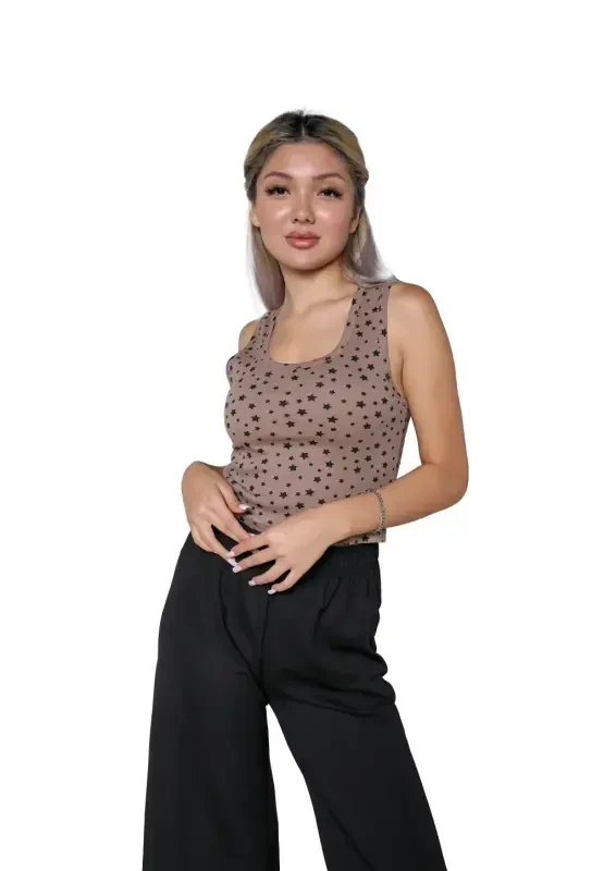Akbeniz Women's Thick Strap Bodysuit Wide Leg Pants 2-Piece Set Brown 4217 - 2