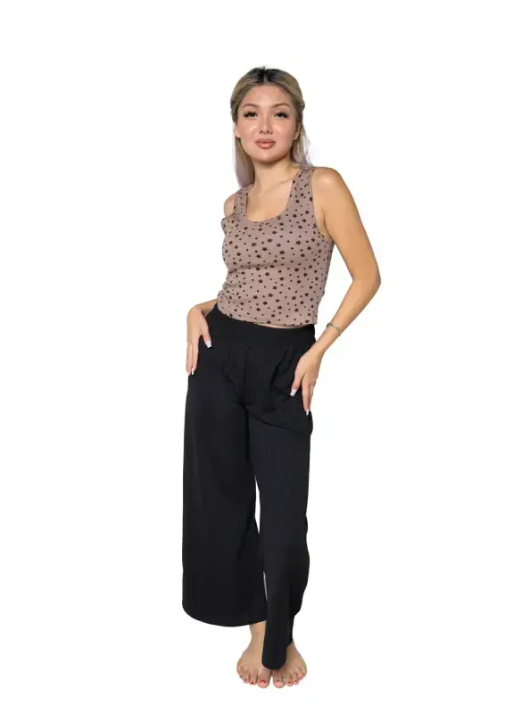Akbeniz Women's Thick Strap Bodysuit Wide Leg Pants 2-Piece Set Brown 4217 - 4