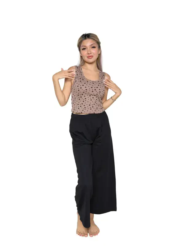 Akbeniz Women's Thick Strap Bodysuit Wide Leg Pants 2-Piece Set Brown 4217 - 5
