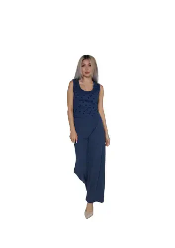 Akbeniz Women's Thick Strap Bodysuit Wide Leg Pants 2-Piece Set Navy Blue 4217 