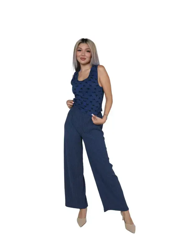 Akbeniz Women's Thick Strap Bodysuit Wide Leg Pants 2-Piece Set Navy Blue 4217 - 2