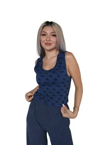 Akbeniz Women's Thick Strap Bodysuit Wide Leg Pants 2-Piece Set Navy Blue 4217 - 3