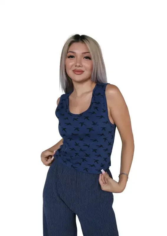 Akbeniz Women's Thick Strap Bodysuit Wide Leg Pants 2-Piece Set Navy Blue 4217 - 3