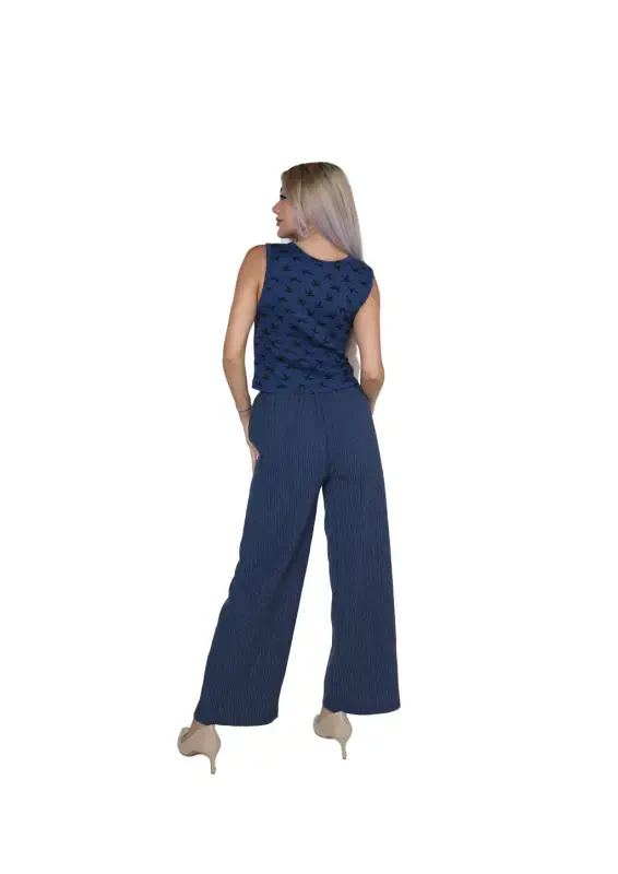 Akbeniz Women's Thick Strap Bodysuit Wide Leg Pants 2-Piece Set Navy Blue 4217 - 4