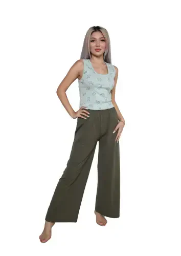 Akbeniz Women's Thick Strap Bodysuit Wide Leg Pants 2-Piece Set Sea Green 4217 - 1