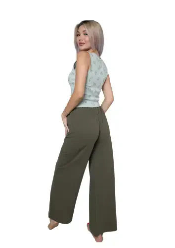 Akbeniz Women's Thick Strap Bodysuit Wide Leg Pants 2-Piece Set Sea Green 4217 - 3