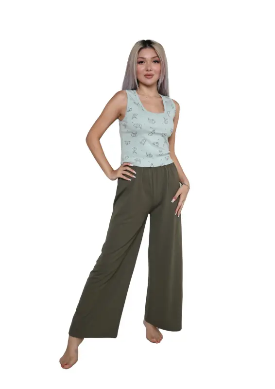 Akbeniz Women's Thick Strap Bodysuit Wide Leg Pants 2-Piece Set Sea Green 4217 - 1