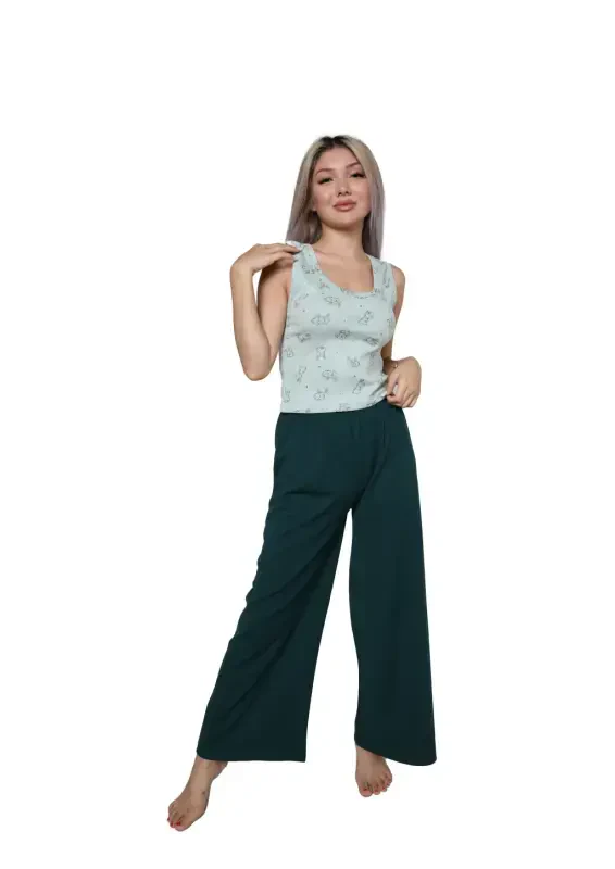 Akbeniz Women's Thick Strap Bodysuit Wide Leg Pants 2 Piece Set Sea Green 4218 - AKBENIZ