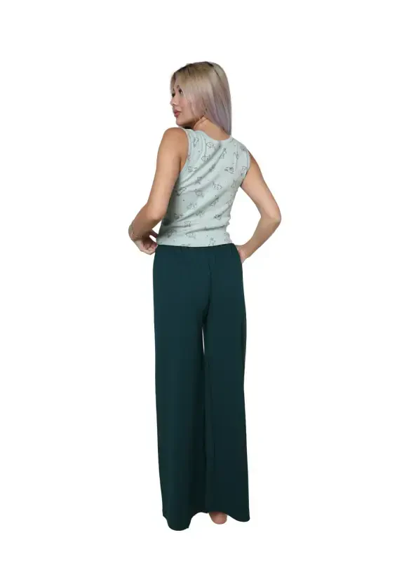 Akbeniz Women's Thick Strap Bodysuit Wide Leg Pants 2 Piece Set Sea Green 4218 - 2