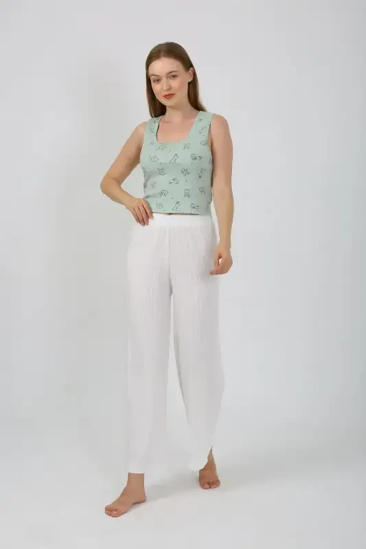 Akbeniz Women's Thick Strap Bodysuit Wide Leg Pants 2-Piece Set White 4219 - 3