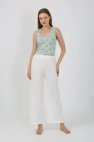 Akbeniz Women's Thick Strap Bodysuit Wide Leg Pants 2-Piece Set White 4219 - 4