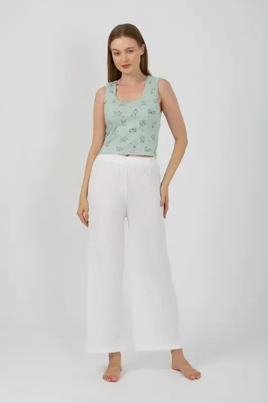 Akbeniz Women's Thick Strap Bodysuit Wide Leg Pants 2-Piece Set White 4219 - 4